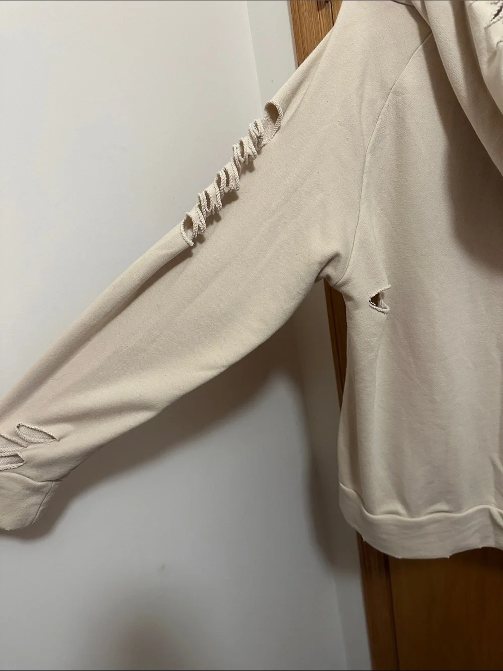 Distressed Cream Hoodie Sweater - Relaxed Crew Neck